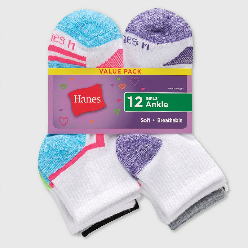 Men's breathable wool gloves-Girl's Hanes Core Cotton Sock 12PK