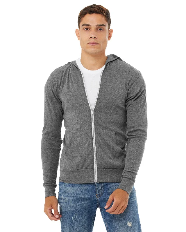 Men's casual kangaroo hoodie-Bella + Canvas 3939 Unisex Triblend Full-Zip Lightweight Hoodie