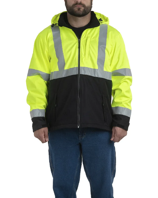 Men's warm kangaroo hoodie-Berne HVJS206 Men's Hi-Vis Class 3 Hooded Softshell Jacket