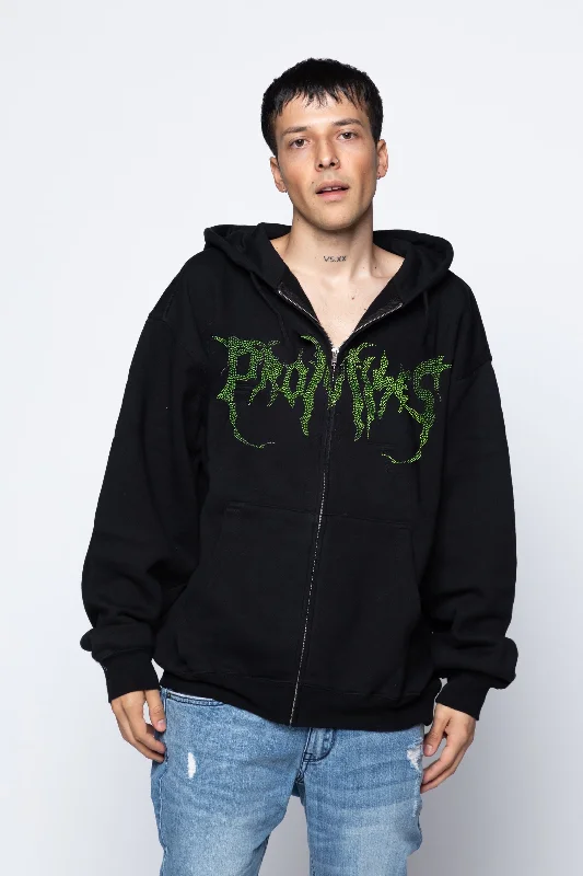 Men's soft tie-dye hoodie-Graveyard Green Rhinestone Hoodie Black