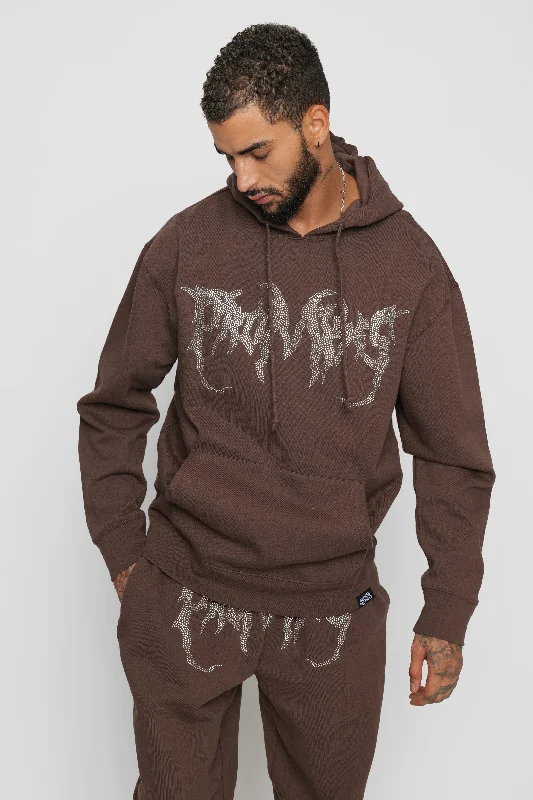 Men's slim fit fleece zip hoodie-Graveyard Rhinestoned Hoodie Brown