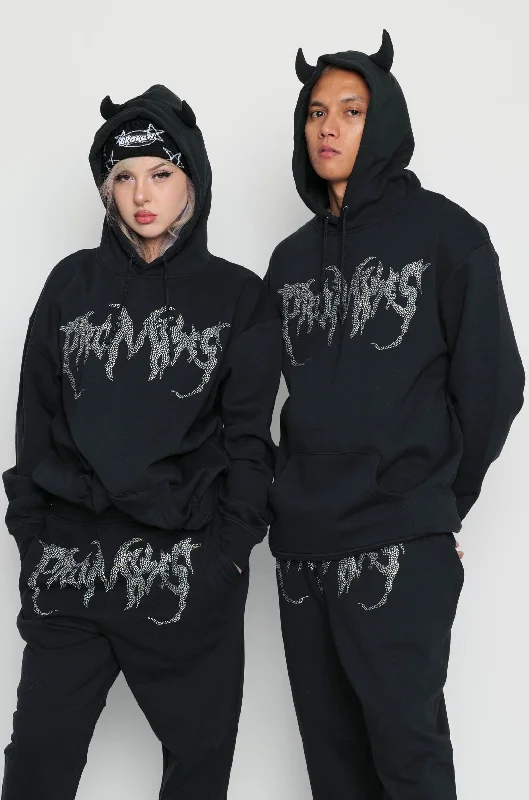 Men's warm sherpa hoodie-Graveyard Rhinestoned Horn Hoodie Black