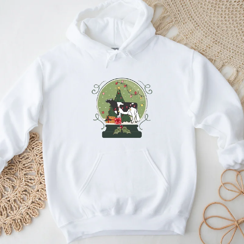 Men's modern fleece hoodie-Green Snow Globe Dairy Cow Hoodie (S-3XL) Unisex - Multiple Colors!