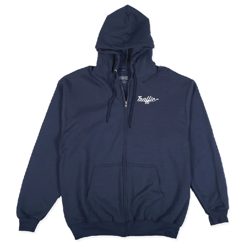 Men's breathable ribbed hoodie-Traffic Skateboards Script Zip Up Hoodie Navy