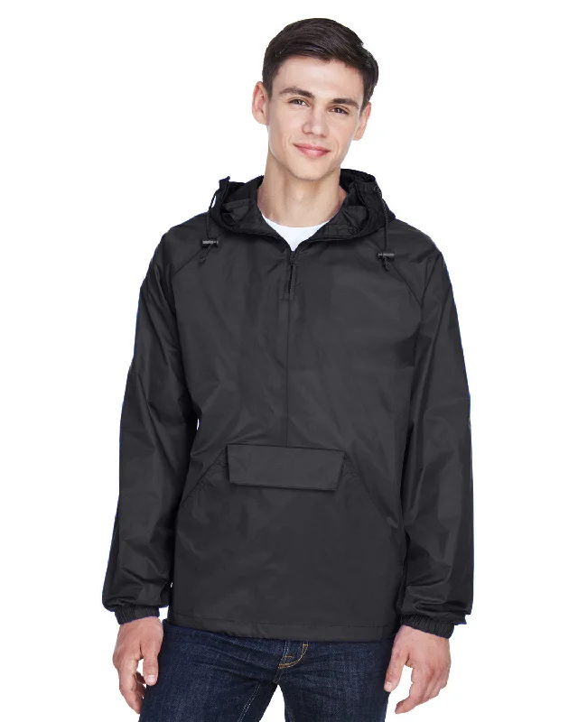 Men's warm heather hoodie-UltraClub 8925 Adult Quarter-Zip Hooded Pullover Pack-Away Jacket