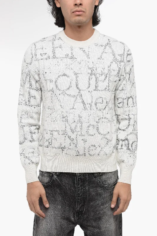 Men's modern alpaca cardigan-Alexander McQueen Crew Neck Wool Sweater with Lurex Monogram Pattern