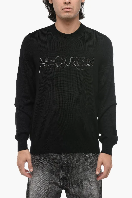 Men's cozy mock cardigan-Alexander McQueen Crew Neck Wool Sweater with Metallic Logo