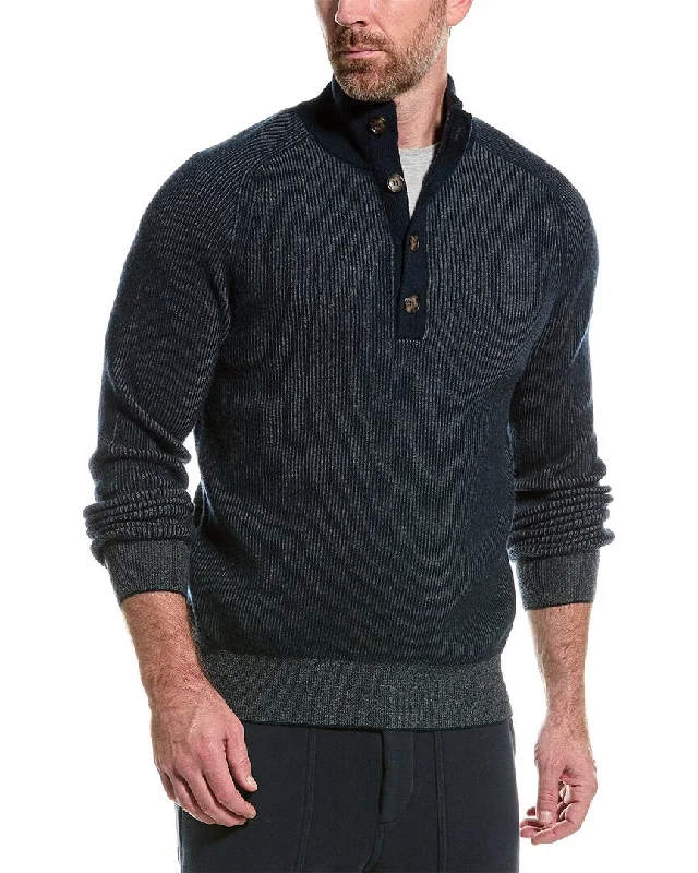 Men's trendy textured pullover-Amicale Cashmere Plaited Brioche Button Mock Cashmere Sweater