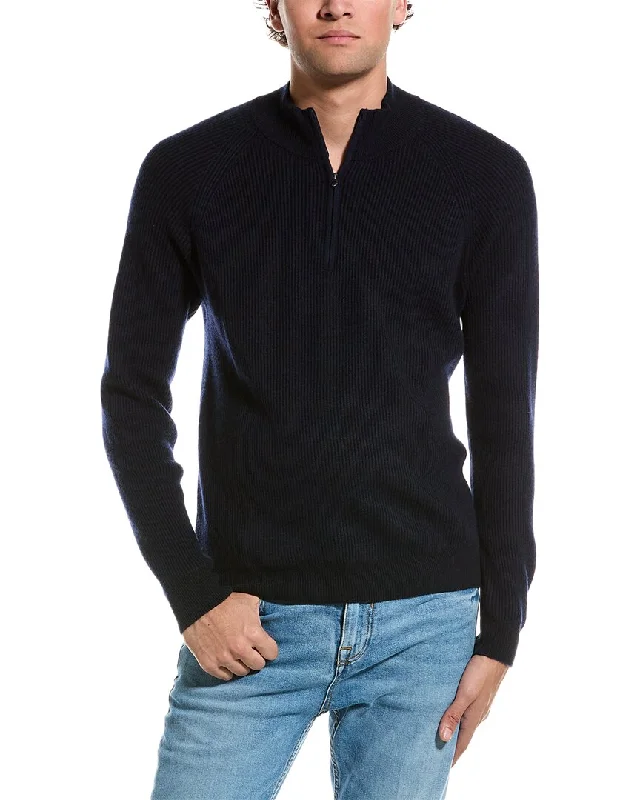 Men's casual mock sweater-Amicale Cashmere Two-Tone Plaited Rib Cashmere 1/4-Zip Sweater