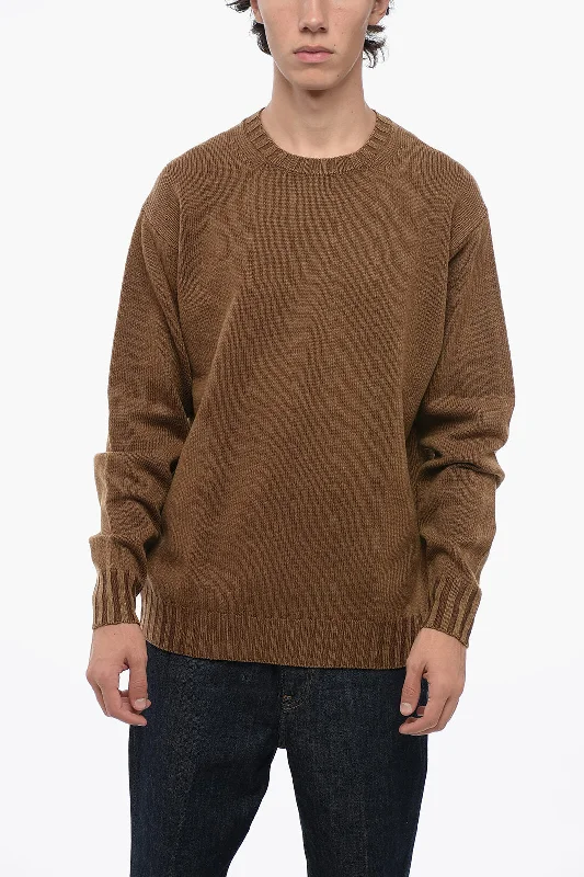 Men's stylish rib pullover-Auralee Solid Color Wool Crew-neck Sweater