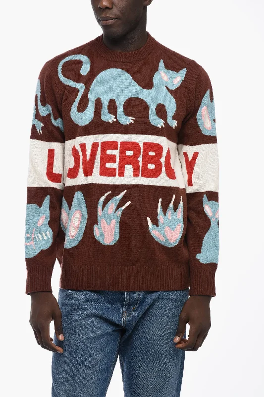 Men's cozy cable sweater-Charles Jeffrey Loverboy Embroidered Wool Blend Crew-neck Sweater