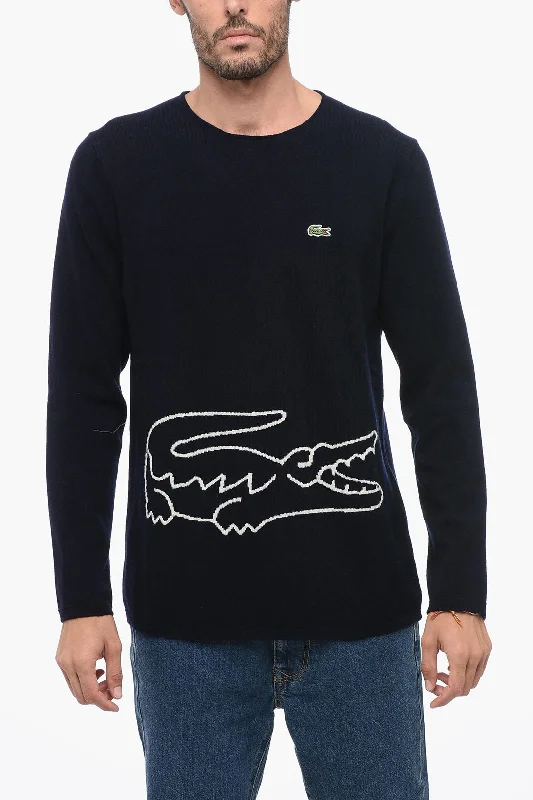 Men's modern ribbed sweater-Comme Des Garçons LACOSTE X CDG Crew Neck Wool Sweater with Jacquard Logo