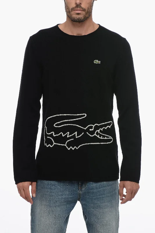 Men's soft mock sweater-Comme Des Garçons LACOSTE X CDG Crew Neck Wool Sweater with Jacquard Logo