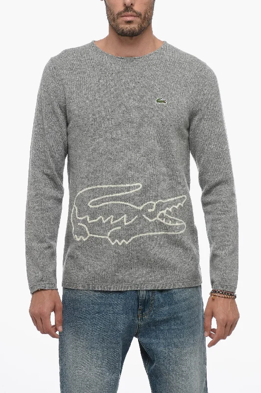 Men's stylish rib pullover-Comme Des Garçons LACOSTE X CDG Crew Neck Wool Sweater with Jacquard Logo