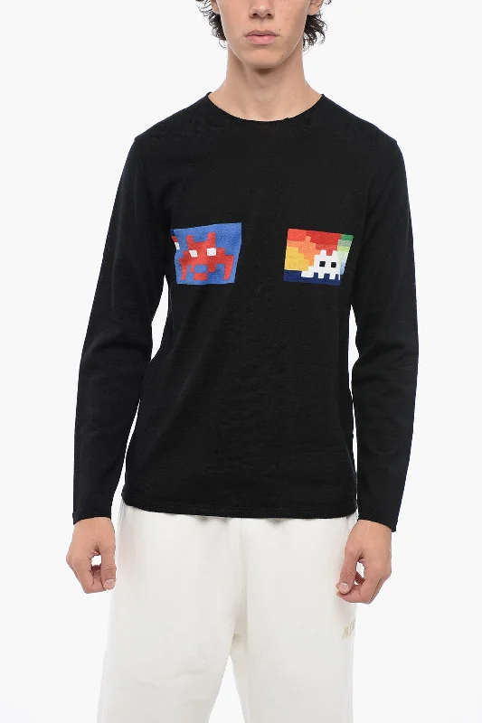 Men's warm ribbed sweater-Comme Des Garçons SHIRT Crew Neck Wool Blend PACMAN Sweater