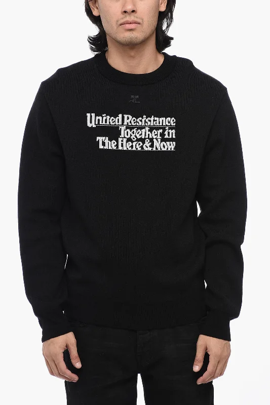 Men's modern ribbed sweater-Courreges Solid Color Crew-neck Sweater with Contrasting Embroidery