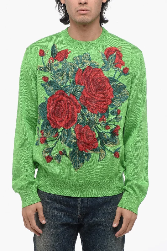 Men's modern ribbed cardigan-Dolce & Gabbana Crew Neck EDEN Floral Patterned Silk Sweater