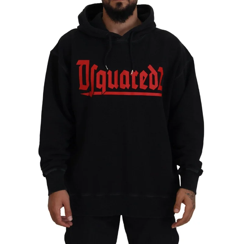 Men's stylish alpaca sweater-Dsquared² Black Cotton Hooded Printed Men Pullover Men's Sweater (Pre-Owned)