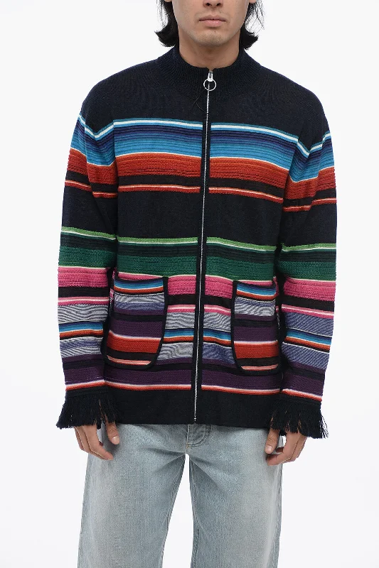 Men's cozy alpaca cardigan-Junya Watanabe By Comme De Garcons Striped Sweater With Zip Closure And Fringed Cuffs M Standard Size