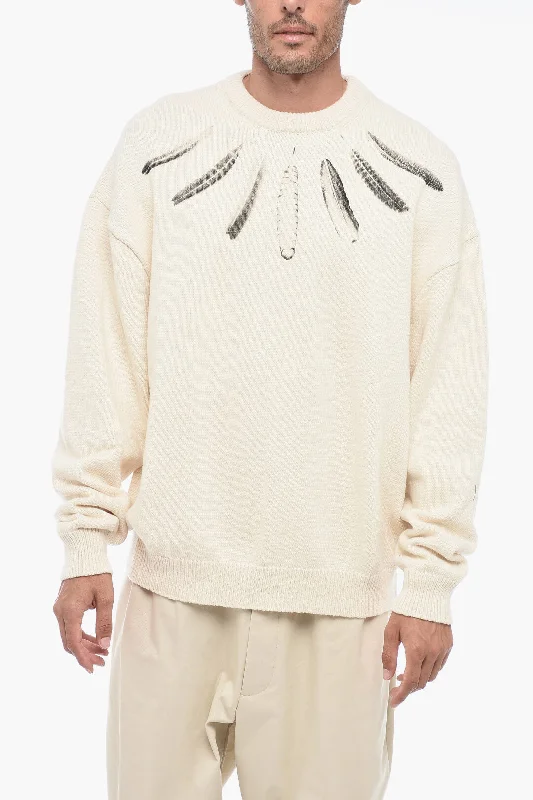 Men's casual rib cardigan-Marcelo Burlon Crew Neck WIND FEATHERS Cotton Sweater with Print