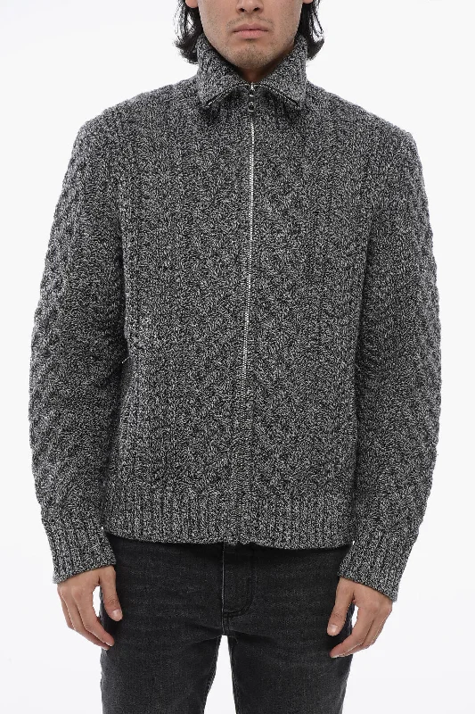 Men's stylish ribbed sweater-Neil Barrett Full Zipped Cable Knit Wool Pullover