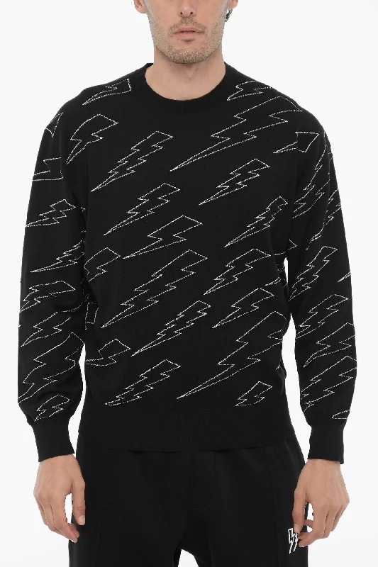 Men's cozy shawl sweater-Neil Barrett Lightweight Cotton Crew-neck Sweater with Thunderbolts Embro