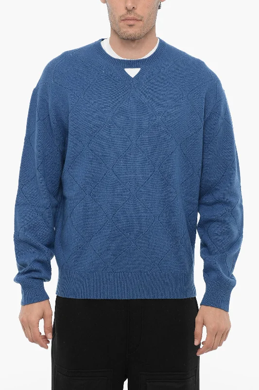 Men's ribbed crew sweater-Neil Barrett Wool Blend Crew-neck Sweater with Cut-Out Detail