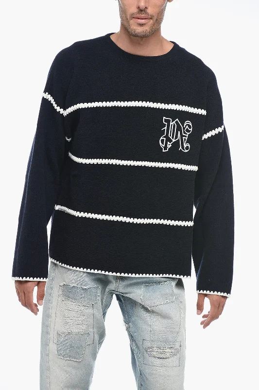 Men's lightweight mock sweater-Palm Angels Monogram Embroidered Sweater with Crochet Detail