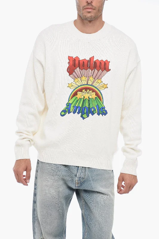 Men's soft textured cardigan-Palm Angels Wool Blend Printed RAINBOW Crewneck Pullover