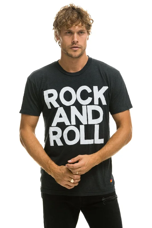 Men's short-sleeve tropical stripe shirt-ROCK AND ROLL TEE - CHARCOAL