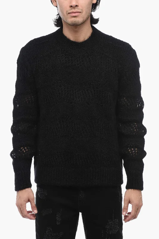 Men's stylish textured sweater-Saint Laurent Crew Neck Openwork Mohair Blend Sweater