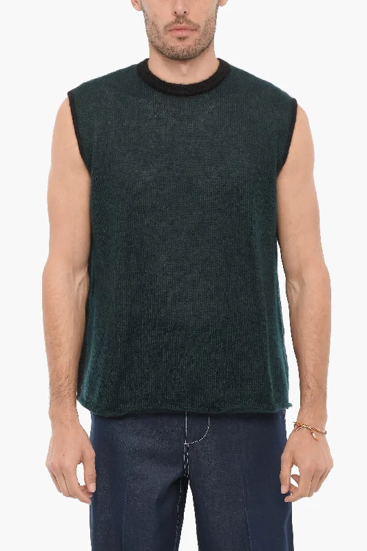 Men's slim cable sweater-SUNNEI Sleeveless Two-Tone Silk Blend Sweater