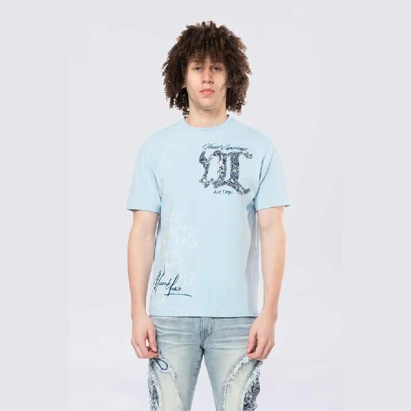 Men's short-sleeve versatile stripe top-Tapestry Patch SS Tee - Cerulean