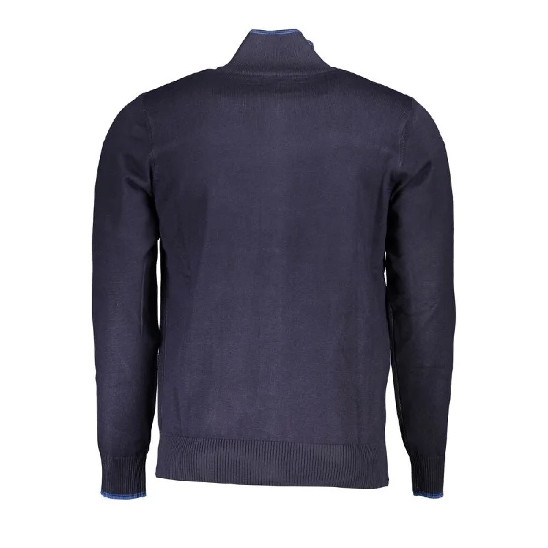 Men's warm ribbed sweater-U.S. Grand Polo Classic Blue Zip Cardigan with Contrast Men's Details