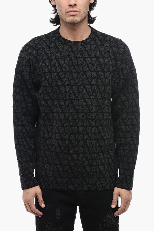 Men's trendy rib sweater-Valentino Crewneck Pullover with All-Over Logo