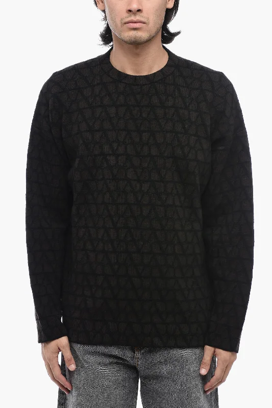 Men's stylish cable pullover-Valentino Crewneck Pullover with All-Over Logo