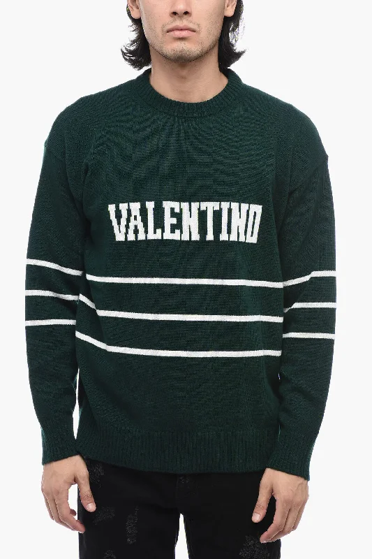 Men's classic ribbed cardigan-Valentino Striped Crewneck Sweater with Logo Lettering