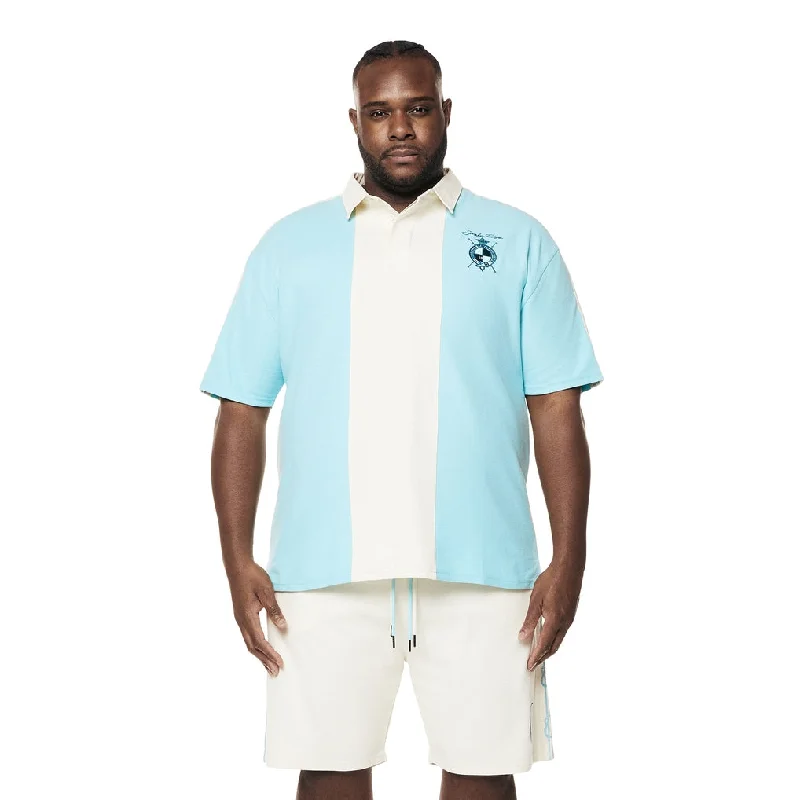 Men's slim corduroy shirt-Big and Tall - Crest Embroidered Striped Waffle Rugby Shirt - Paradise Blue