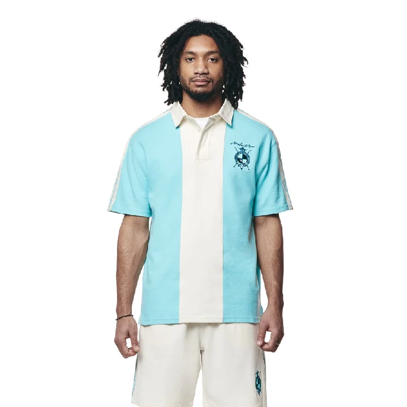 Men's soft twill shirt-Crest Embroidered Striped Waffle Rugby Shirt - Paradise Blue