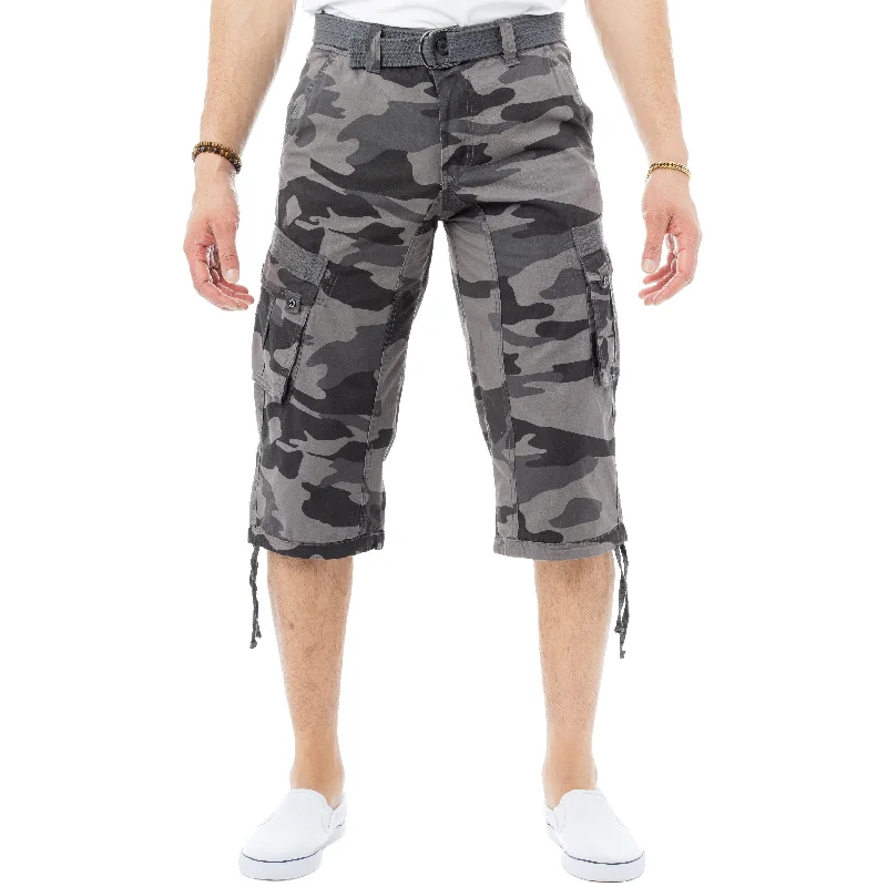 Men's skinny twill pants-Men's Belted 18" Inseam Below Knee Camo Cargo Shorts