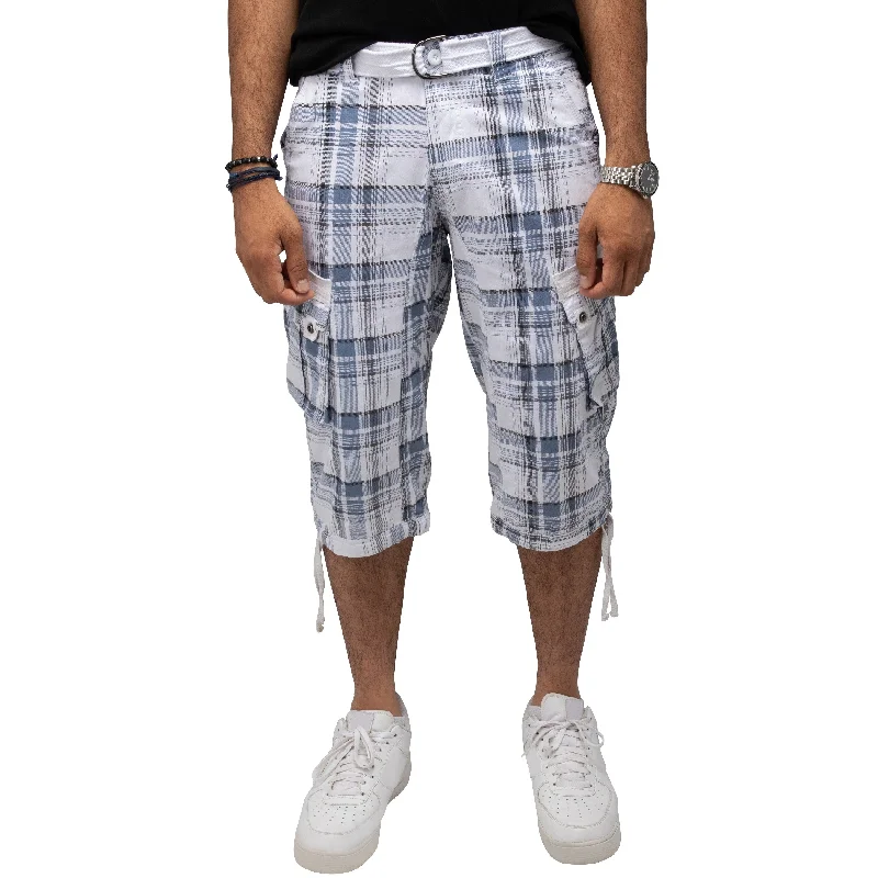 Men's lightweight twill pants-Men's Belted 18" Inseam Below Knee Plaid Cargo Shorts