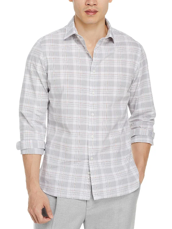 Men's luxury gingham shirt-Mens Plaid Long Sleeve Button-Down Shirt