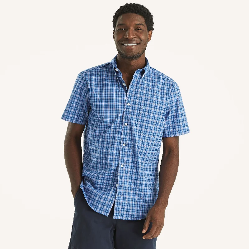 Men's formal chambray shirt-Nautica Mens Wrinkle-Resistant Plaid Wear To Work Short-Sleeve Shirt