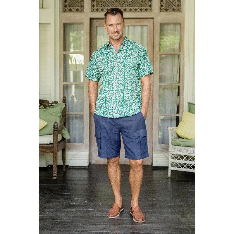 Men's skinny twill jeans-Novica Handmade Spring Cool In Navy Mens Linen-Blend Cargo Shorts