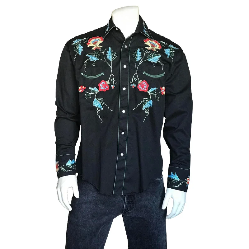 Men's slim herringbone shirt-Rockmount Mens Black 100% Cotton Floral Embroidery L/S Shirt