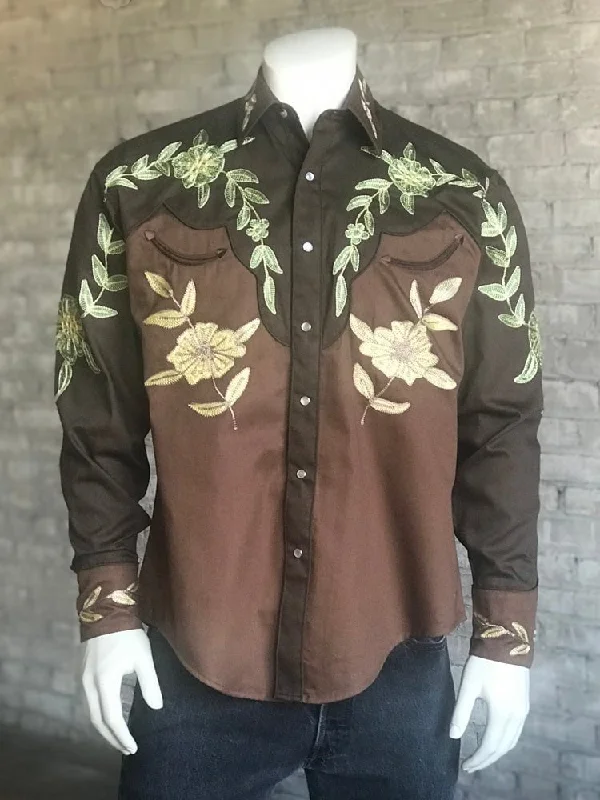 Men's casual chambray button-up-Rockmount Mens Brown 100% Cotton Floral Two-Tone Gold L/S Shirt