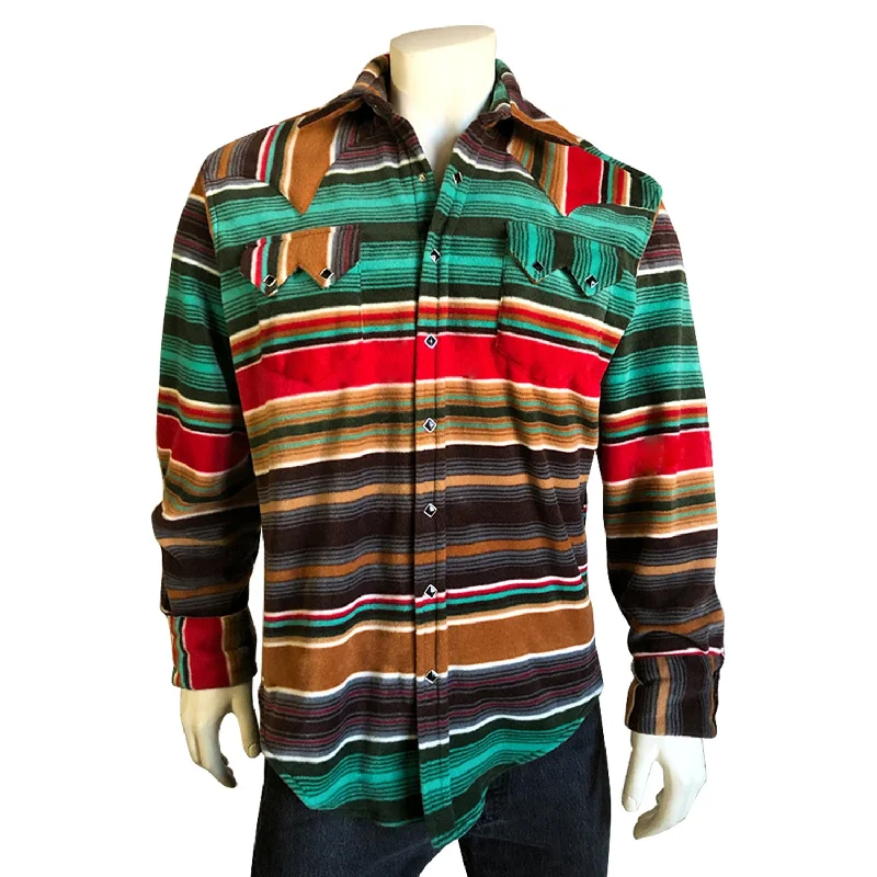 Men's long-sleeve gingham shirt-Rockmount Mens Brown/Green Fleece Serape Pattern Western L/S Shirt