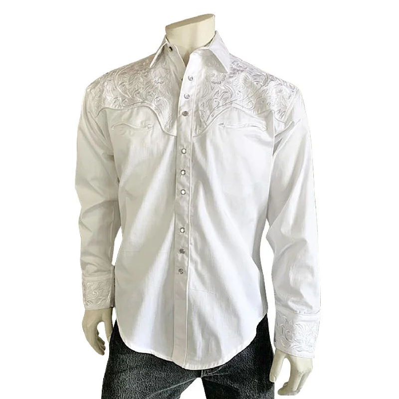 Men's classic check shirt-Rockmount Mens White/White 100% Cotton Vintage Tooling Embroidery L/S Shirt XS