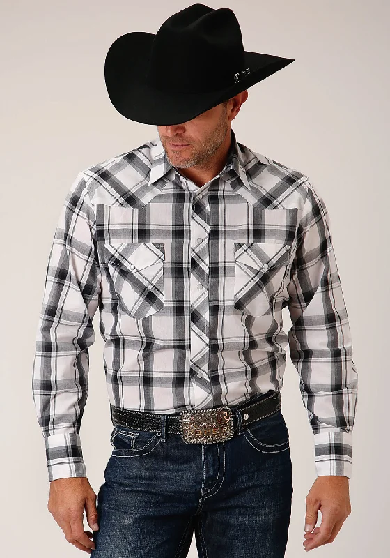 Men's casual twill shirt-Roper Mens 1505 Tall Plaid White/Black Cotton Blend L/S Shirt