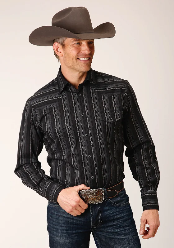 Men's soft check shirt-Roper Mens 1726 Stripe Black/Charcoal Cotton Blend L/S Shirt